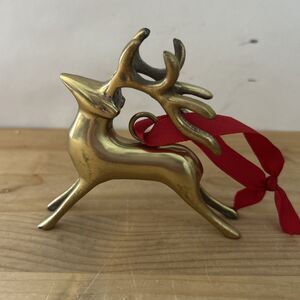 Vtg Solid Brass Reindeer Ornament Leaping Stag w Ribbon Christmas Tree Decor